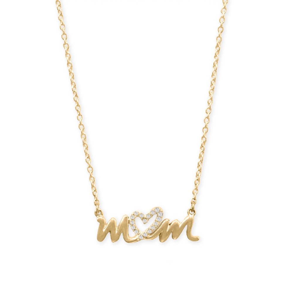14 Karat Gold Plated CZ Heart "mom" Necklace 16” length + 2” extension